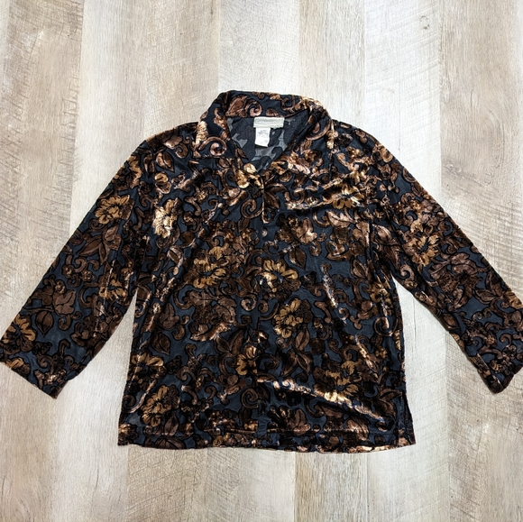 Vintage Coldwater Creek Black & Gold Velvet Long Sleeve Button Down Shirt Sheer - Picture 1 of 7